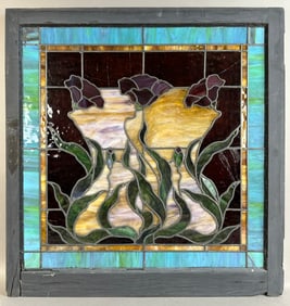 Beautiful Antique Multi Color Floral Leaded Stained Glass Window