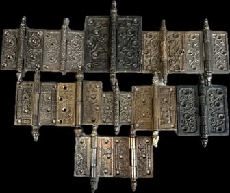 12 Piece Lot Eastlake Victorian Cast Iron Ornately Decorated Door Hinges