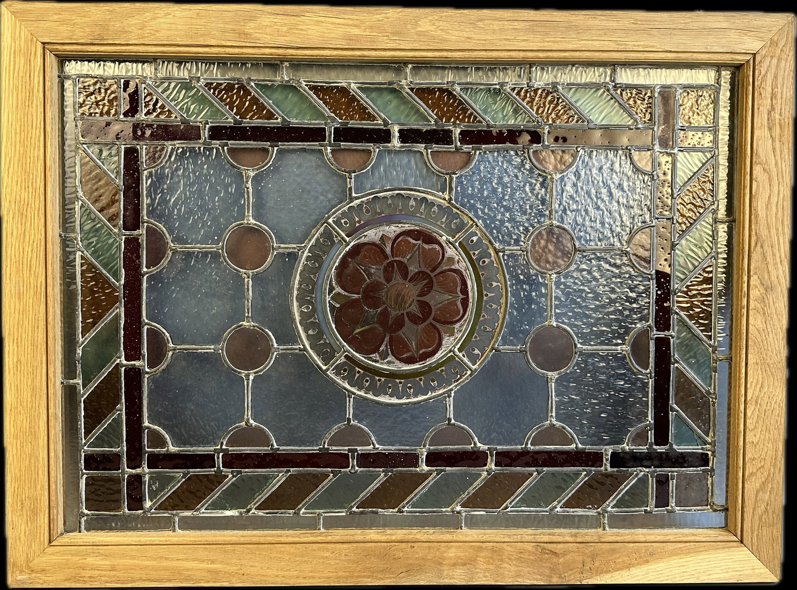 Beautiful Antique Multi Color Leaded Stained Glass Sundial Pattern Window (1 of 7)