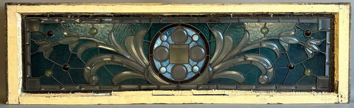 Antique 18 Jewel Multi Color Leaded Stained Glass Window Floral Pattern
