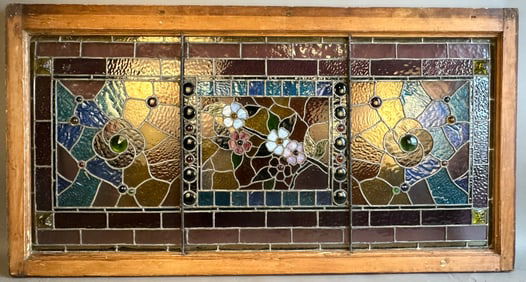 Fantastic Victorian 32 Jewel Leaded Stained Glass Floral Pattern Large Window Multi Color