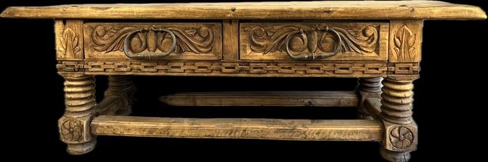 Antique 19th Century Bench w/ 2 Drawers Ornately Decorated Twist Legs Pinwheel Pattern