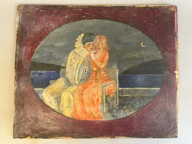 Early 20th Century Colonial Couple Portait Oil On Board Signed JA Johnson