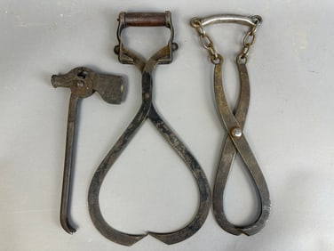 3 Piece Antique Cast Iron Tool Lot Ice Tongs Hammer Nail Puller