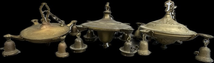 3 Piece Lot Antique Art Noveau Era Soild Brass Hanging Chandelier 4 Bulb Lighting