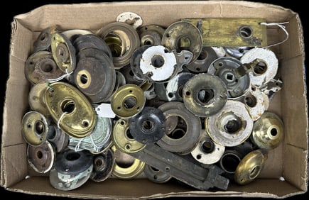 Huge Lot of 102 Antique Brass Nickel Plated Pieces Door Knob Escutcheons