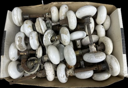 Huge 40 Piece Antique Victorian Era White Porcelain Door Knob Lot 26 Piece Door Hardware
