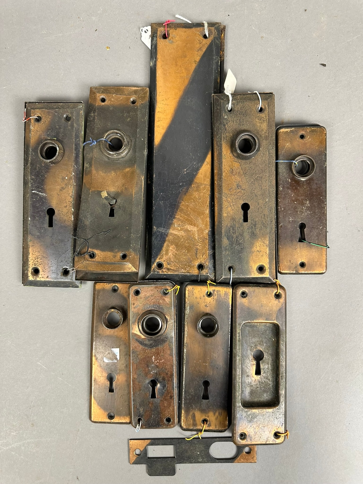 17 Piece Antique Japaned Finish Brass Door Lock Plates 8 Matching Pairs (1 of 6)