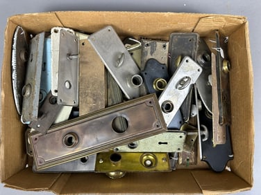 49 Piece Antique Victorian Era Brass Door Lock Plate Lot