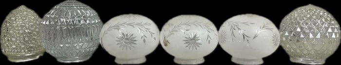 6 Piece Antique Depression Era Etched Glass Set of 3 Ceiling Lamp Shades
