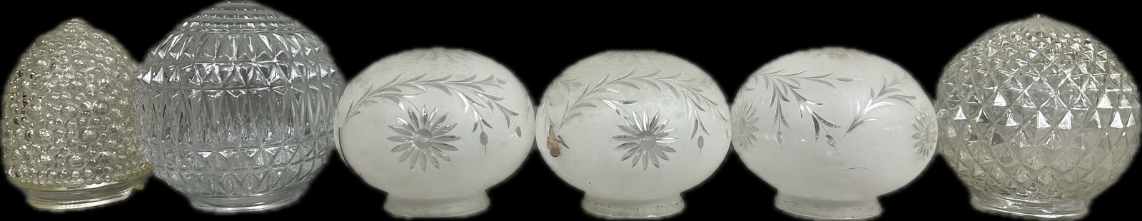 6 Piece Antique Depression Era Etched Glass Set of 3 Ceiling Lamp Shades (1 of 6)