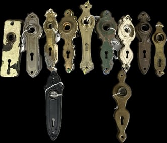 22 Piece Antique Victorian Era Brass Door Key Lock Hole Plates 9 Matching Pairs