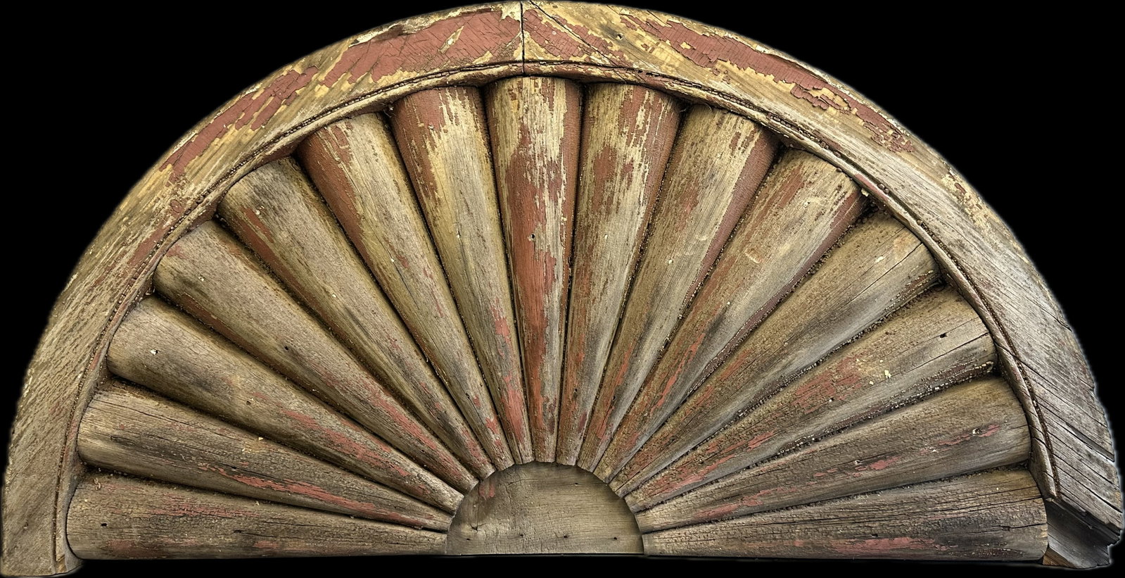19th Century Antique Sunburst Architechtural Half Round Pediment Old Red Paint Surface: This lot is an antique 19th century sunburst half circle architechtural pediment. Found in painted red surface, this paint is old. Overall measurements are 38.75"x2.75"x19.25".