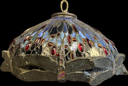 Antique Tiffany Style Drop Head Dragonfly Pattern Hanging Art Glass Lamp