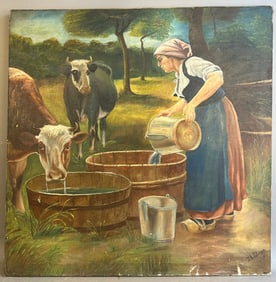 Beautiful Antique Oil On Canvas Primitive Scene Farm Cows Signed JA Johnson
