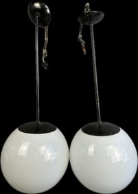 2 Piece Lot Vintage Hanging Matching Pendant Lamps w/ Milk Glass Sphere Shades