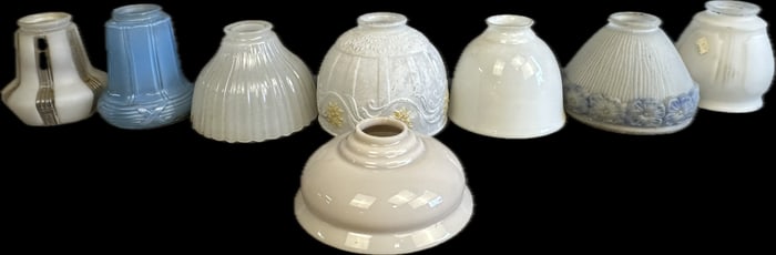 8 Piece Antique Depression Era Milk Glass Etched Art Lamp Shade Lot