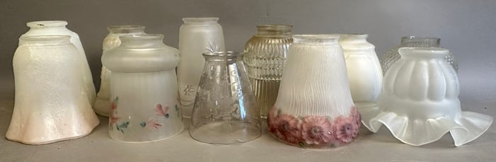11 Piece Lot Antique Depression Era Art Glass Lamp Shades Reversed Painted