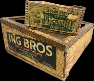2 Piece Antique Lot Wooden Shipping Crate Make Do Glass Display Case Folk Art