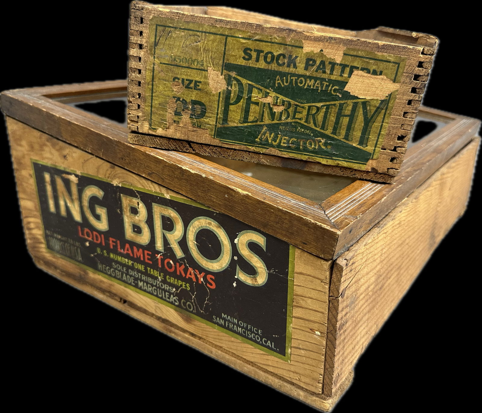 2 Piece Antique Lot Wooden Shipping Crate Make Do Glass Display Case Folk Art (1 of 17)