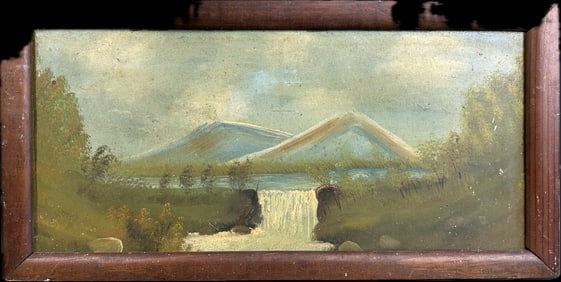 Beautiful Antique Early 1900s Oil On Board Landscape Mountain Painting w/Period Correct Frame