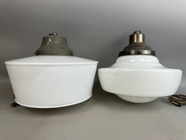 2 Piece Antique Victorian Era Brass Hanging Lamps Milk Glass Shades