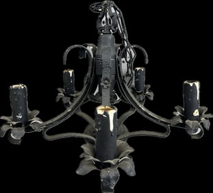 Antique Victorian Era Cast Iron Hanging Chandelier 5 Bulb Floral Pattern Black Painted