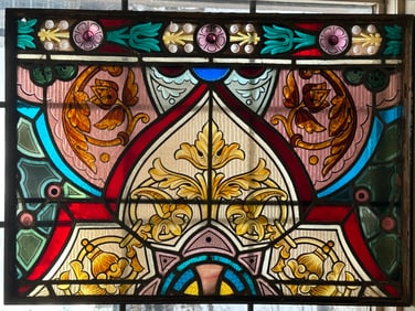 Antique Victorian Era Multi Color Church Leaded Stained Glass Window