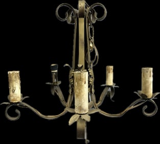 Antique Victorian Era Cast Iron Hanging Chandelier 5 Bulb Floral Pattern Gold Painted