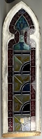 Fantastic Late 1800s Gothic Cathedral Church Arch Etched Stained Glass Window 73" White Paint