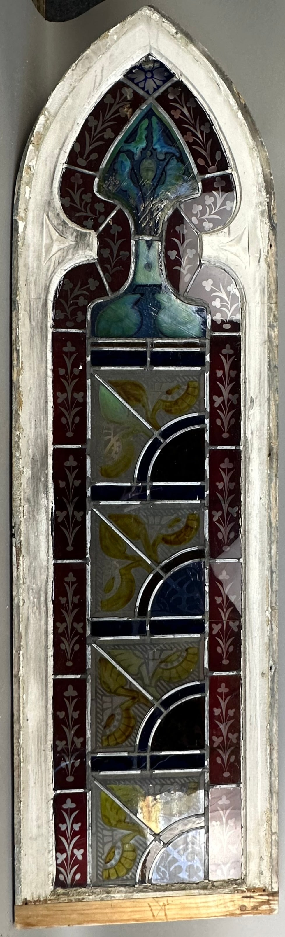 Fantastic Late 1800s Gothic Cathedral Church Arch Etched Stained Glass Window 73" White Paint (1 of 9)