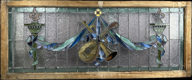 Incredible Antique Late 1800s Leaded Stained Glass Window Torches & Music Motif Decoration 68"