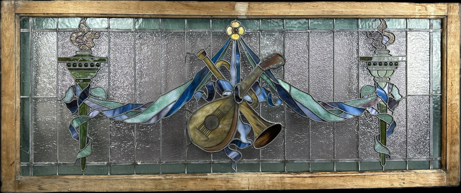 Incredible Antique Late 1800s Leaded Stained Glass Window Torches & Music Motif Decoration 68" (1 of 13)