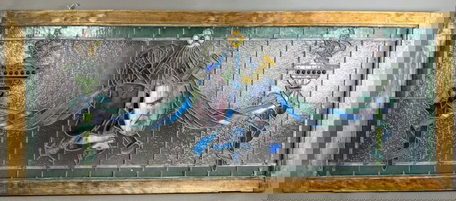 Incredible Antique Late 1800s Leaded Stained Glass Window Torches & Theater Faces Motif Decoration