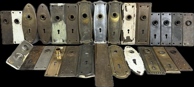 Huge 27 Piece Lot Antique Victorian Era Brass Door Lock Key Hole Plates Different Styles Shapes