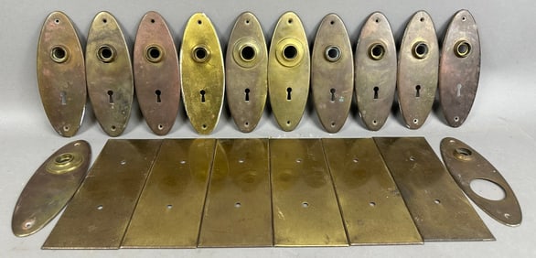 Huge 19 Piece Lot Antique Victorian Era Matching Brass Door Lock Key Hole Plates