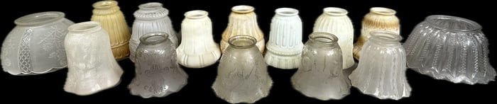 Beautiful 14 Piece Lot Antique Depression Era Reversed Painted Art Glass Embossed Lamp Shades