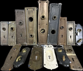 Huge 26 Piece Lot Antique Victorian Era Brass Door Lock Key Hole Plate Including 12 Matching Pairs