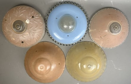 Lot 5 Art Deco Blue & Pink Ornate Glass Ceiling Lamp Fixtures