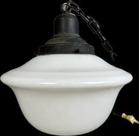 Ornate Art Deco Hanging Milk Glass School House Lamp Fixture