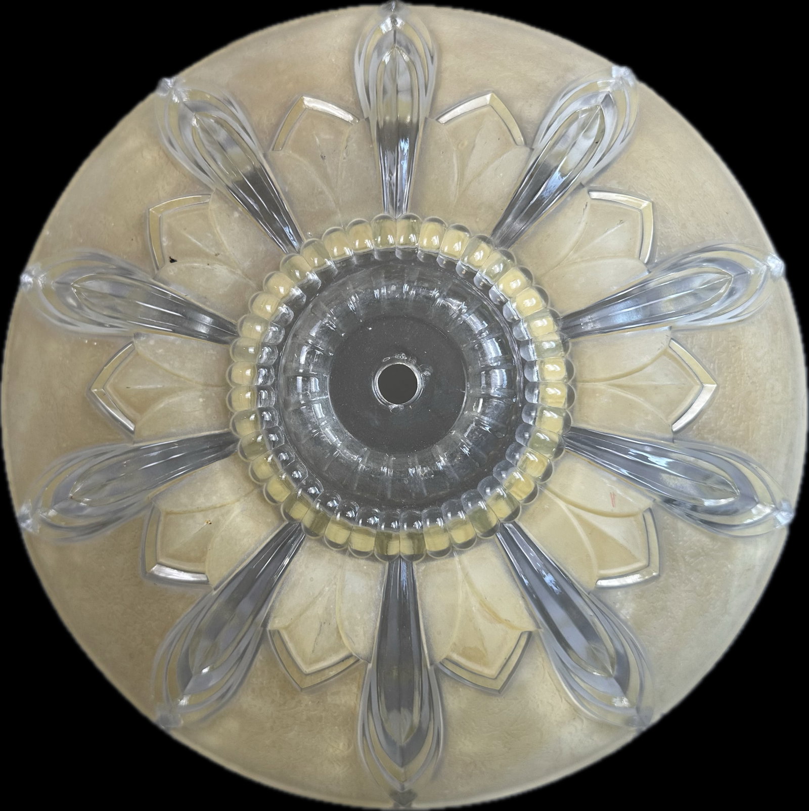 Art Deco Era Ornate Embossed Amber & Clear Glass Ceiling Fixture: 12.5" x 3.25"