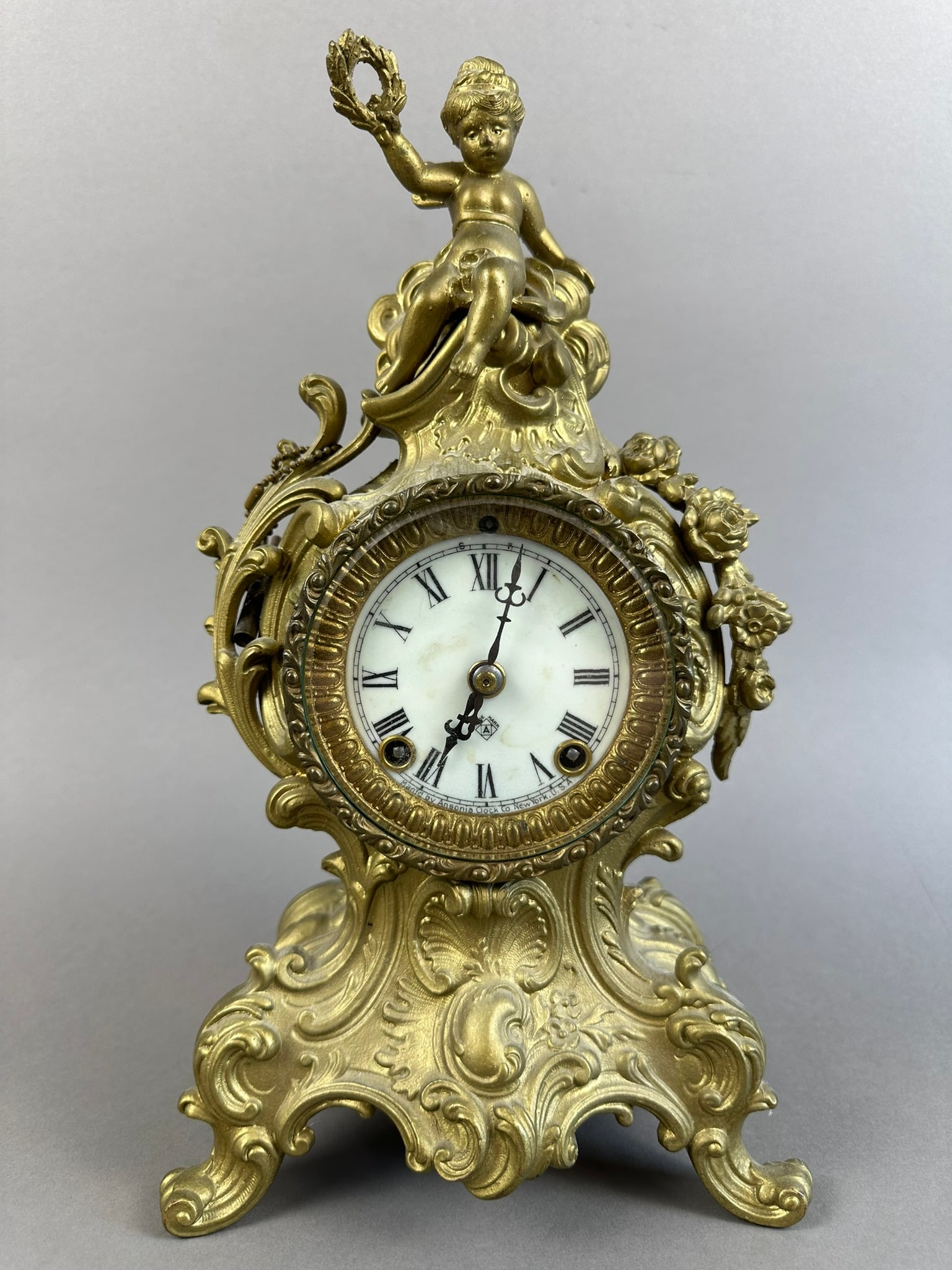 Antique Ansonia Cherub Top Porcelain Panel Mantle Clock