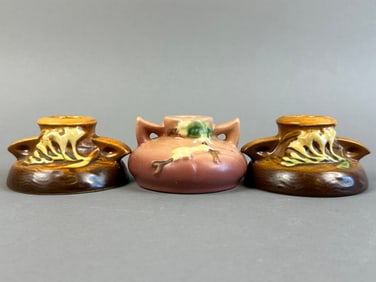 Roseville Pottery 3 Piece Lot Freesia Candlestick Lot