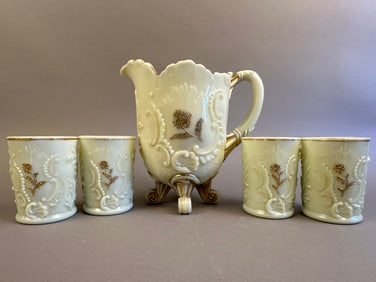 Northwood Louis XV Custard Glass Pitcher w/4 Tumblers