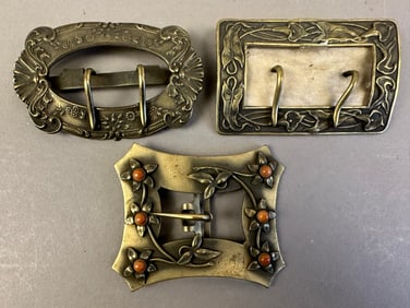 3 Piece Victorian Era Brass Belt Buckles Ornate