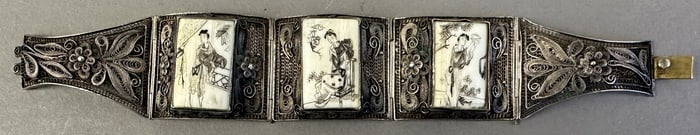 1920s Chinese Export Silver Filigree Ox Bone Bracelet