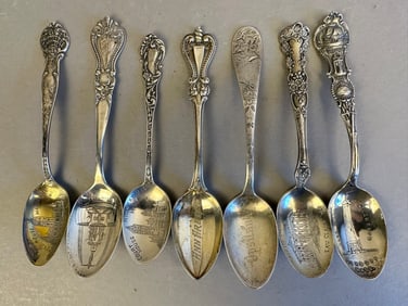 7 Antique Sterling Silver Travel Souvenir Spoons