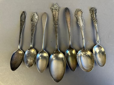 Antique 7 Sterling Silver Travel Souvenir Spoons