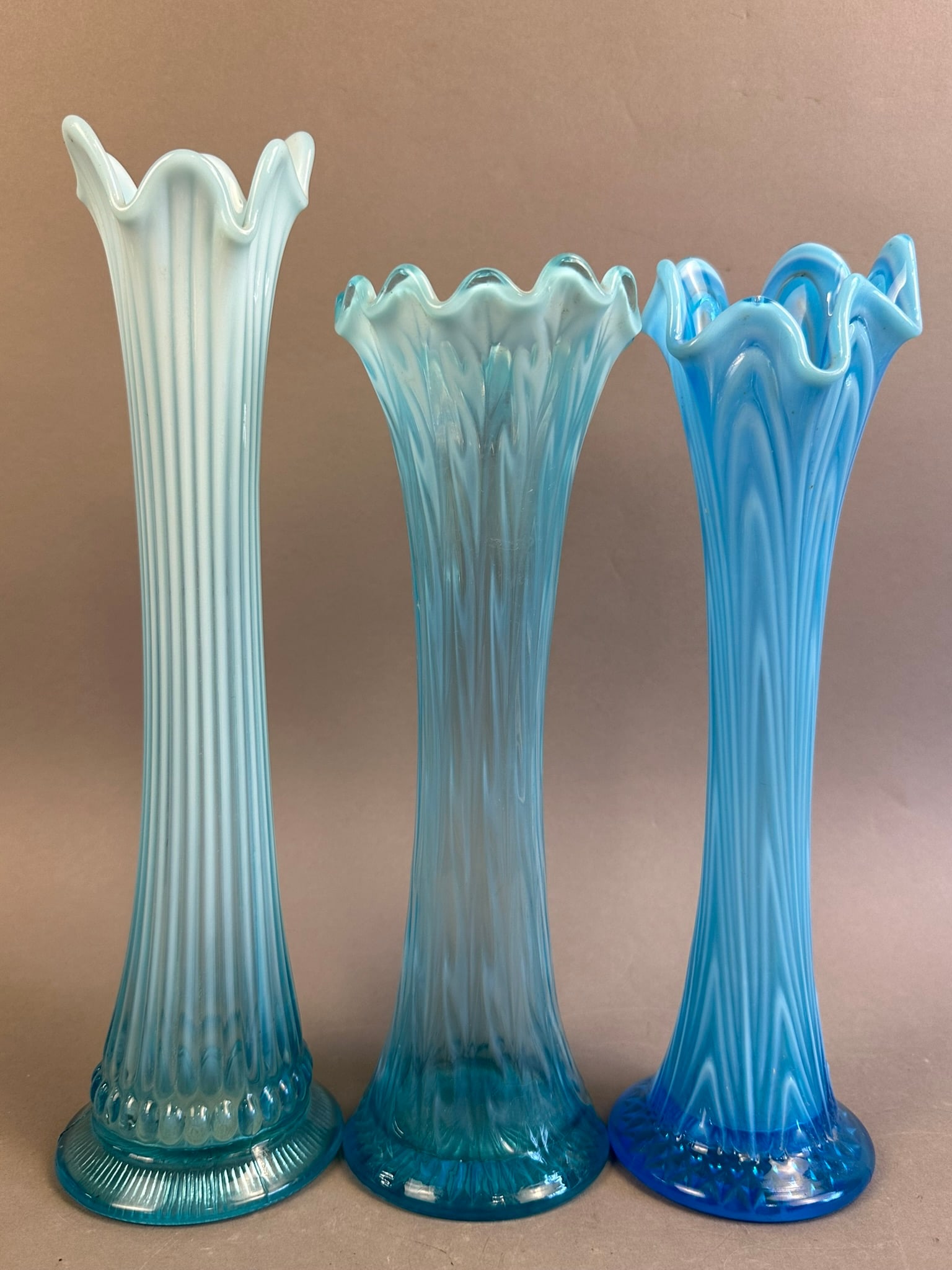 3 Fenton Boggy Bayou Blue Opalescent Swung Vases (1 of 9)