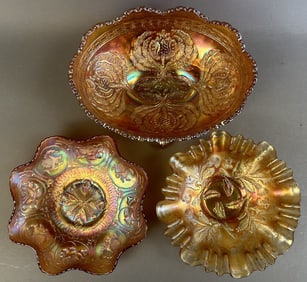 3 Fenton Marigold Dragon Lotus Ruffled Footed Bowls